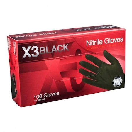 Gloveworks By Ammex X3, Nitrile Disposable Gloves, 3 mil Palm, Nitrile, Powder-Free, S, Black AMX-BX342100